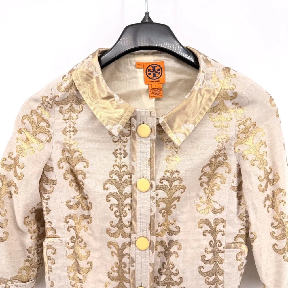 Tory Burch Crop Jacket Women 4 Pre-Owned Gold Damask Metallic Linen Blend Blazer